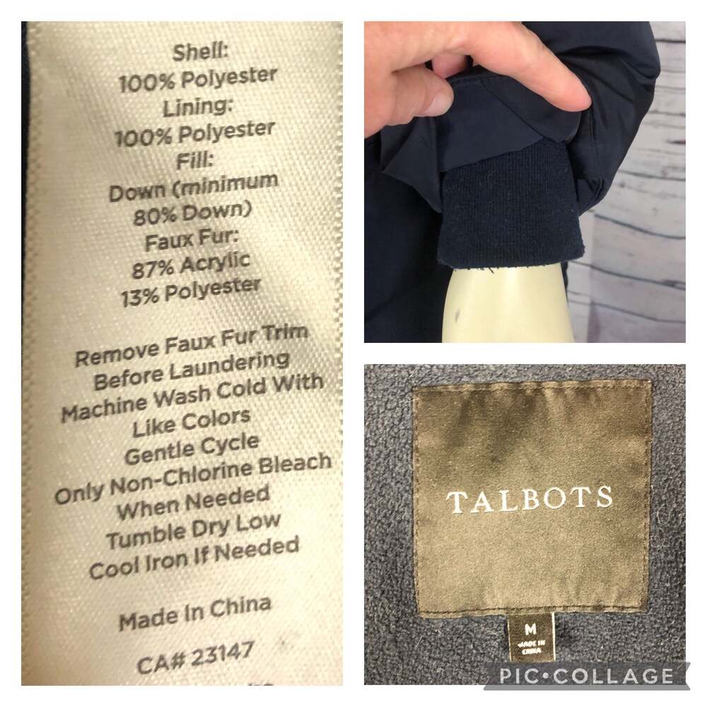 TALBOTS Down Puffer Coat in navy with fur trimmed hood size medium - Picture 12 of 12